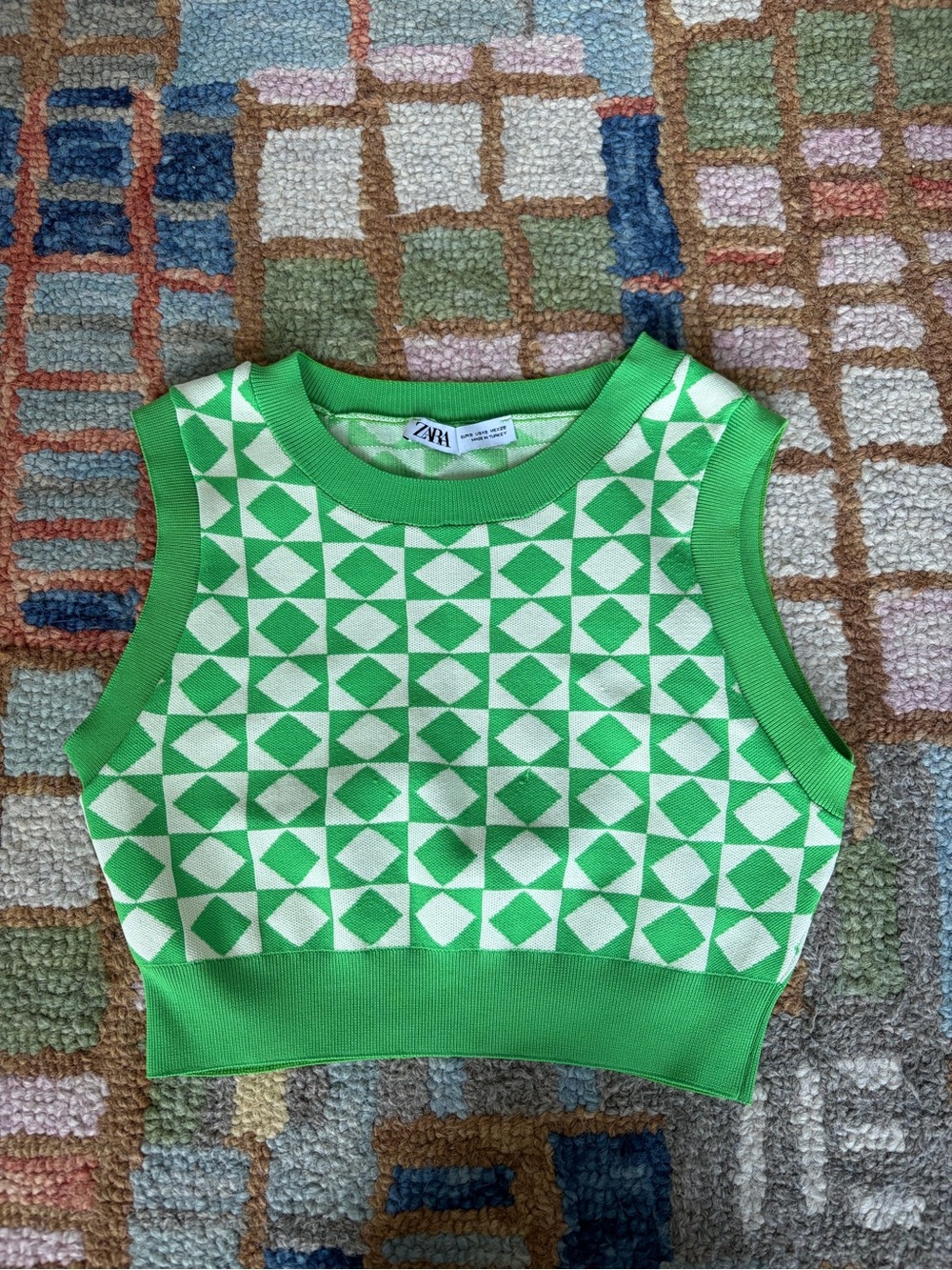 Zara Green and White Geometric Cropped Knit Tank